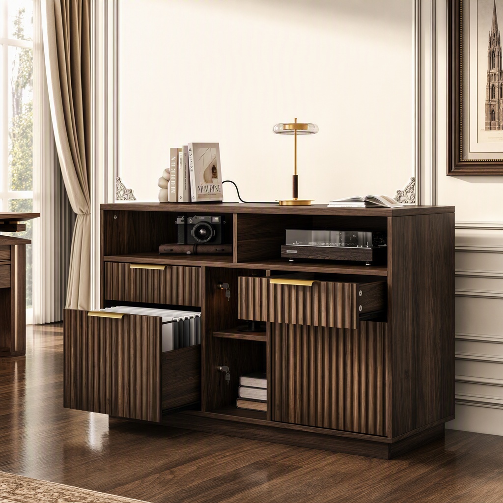 File Cabinet Lateral - 4段引き出しファイルキャビネット、溝付き木製横型ファイルキャビネット（ロックと充電ステーション付き）、ホームオフィス用、オープン収納棚付きプリンタースタンド、A4、レターサイズ対応