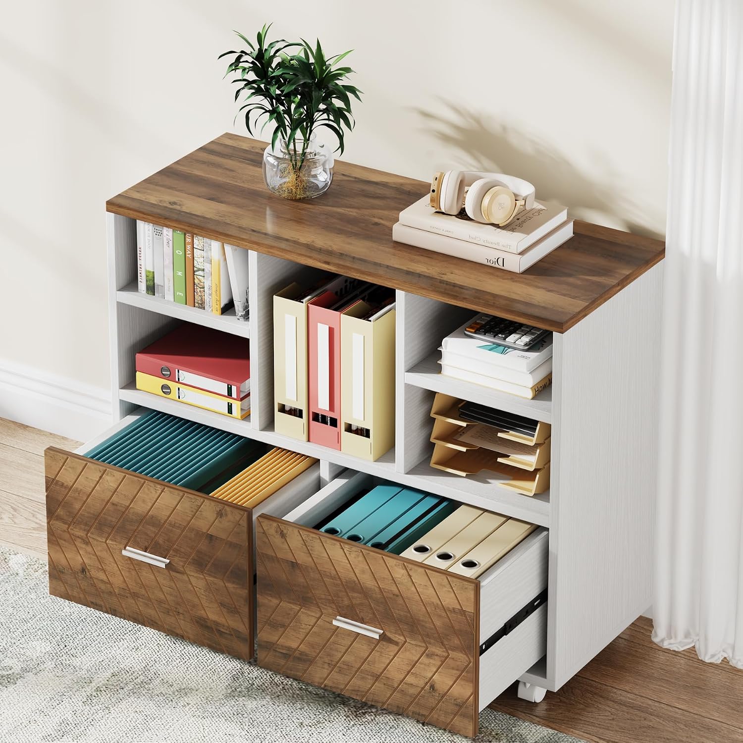 File Cabinet Lateral - 2段引き出し木製ファイルキャビネット、レターサイズのファイルを吊るすための可動式横型ファイルキャビネット、オープン収納棚付きプリンタースタンド