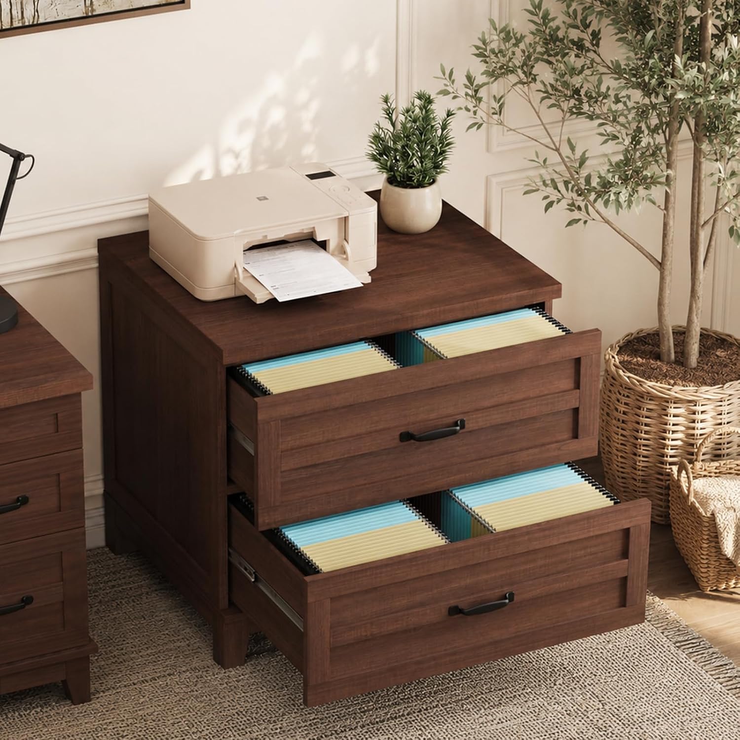 File Cabinet Lateral - Garvee 2段引き出しファームハウス横型ファイルキャビネット、家庭用オフィス向け深型ファイル引き出し、頑丈なフレームと広々としたトップを備えた幅広収納キャビネット