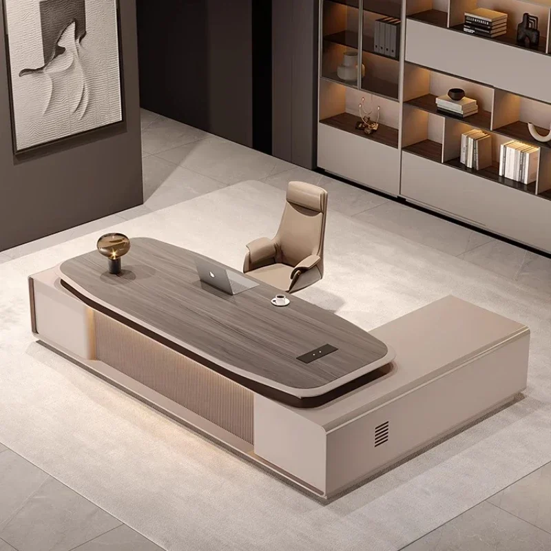 Office Furniture Rental - モダンな高級ライトスーパーバイザー、上司、管理職、高級エグゼクティブオフィスデスク、ランプ、収納引き出し、コンピューターデスク、本棚付き、大型