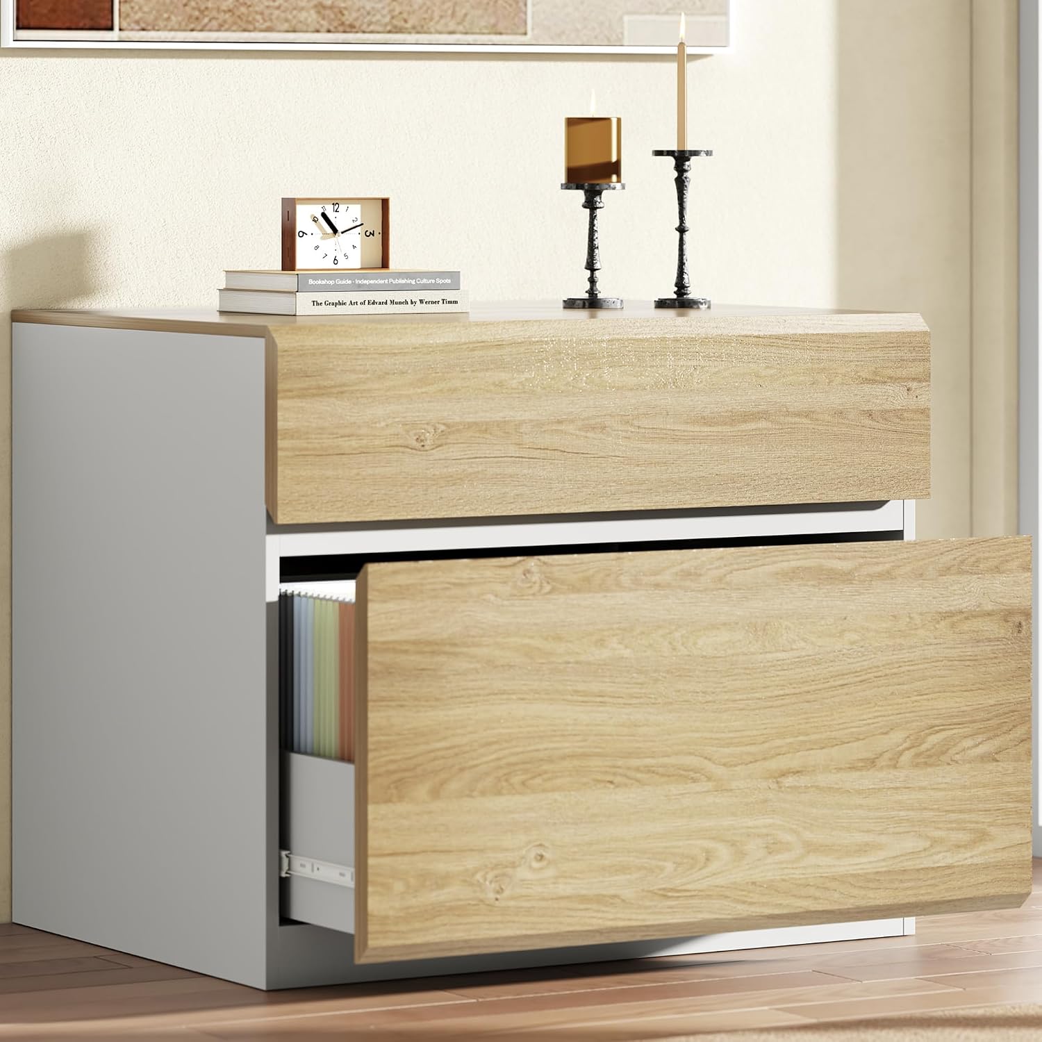 File Cabinet Lateral - ホームオフィス用2段横型ファイルキャビネット、幅31.5インチ×高さ23インチ | 十分な収納力を備えた木製ファイリングキャビネット、プリンタースタンドとしても使用可能