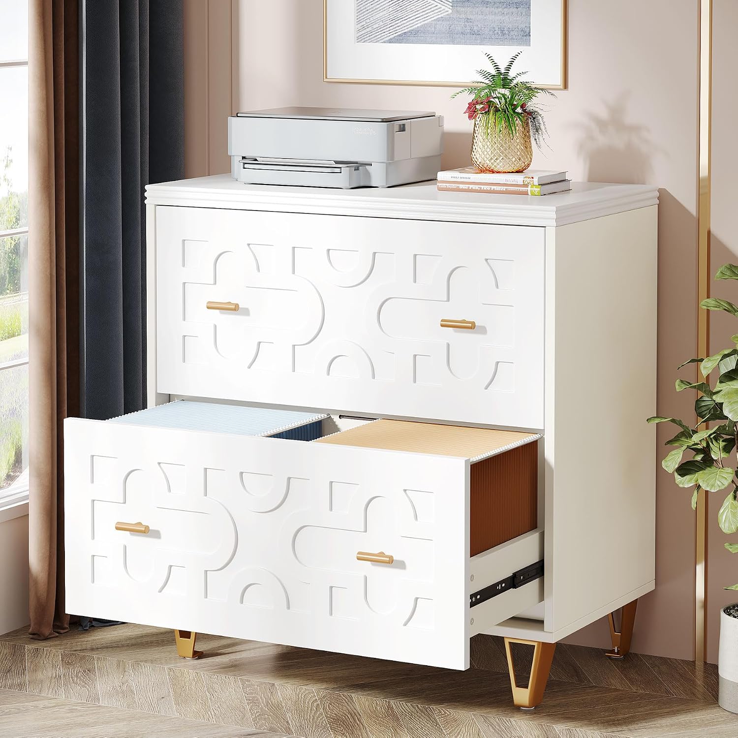 File Cabinet Lateral - 2段引き出し横型ファイルキャビネット、ウォームホワイトとゴールド | モダン、リーガル/レター/A4サイズ対応、大容量収納、プリンタースタンド、ホームオフィス用