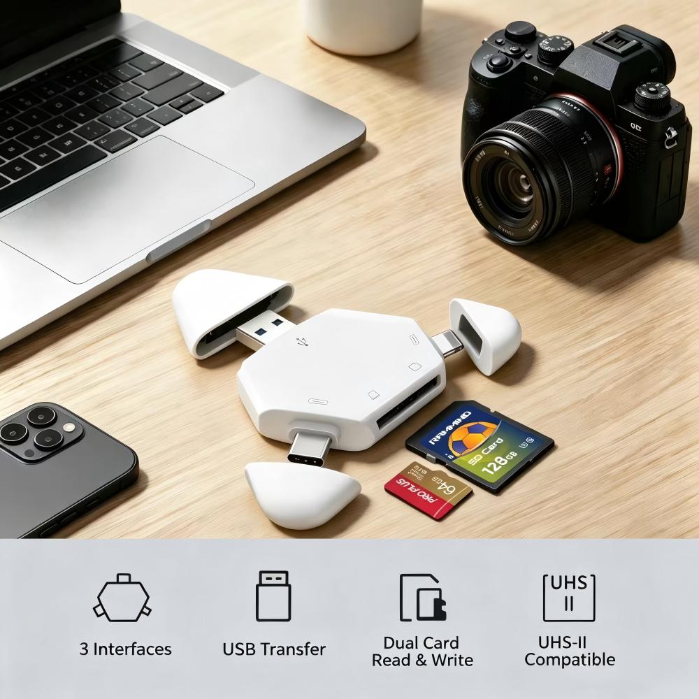 Adjustable Laptop Table - 3in1メモリカードリーダー、三角形磁気キャップ付き、USB-C、USB、Lightningポート対応、TF/SDカード対応、PC、ラップトップ、MacBook、スマートフォン用