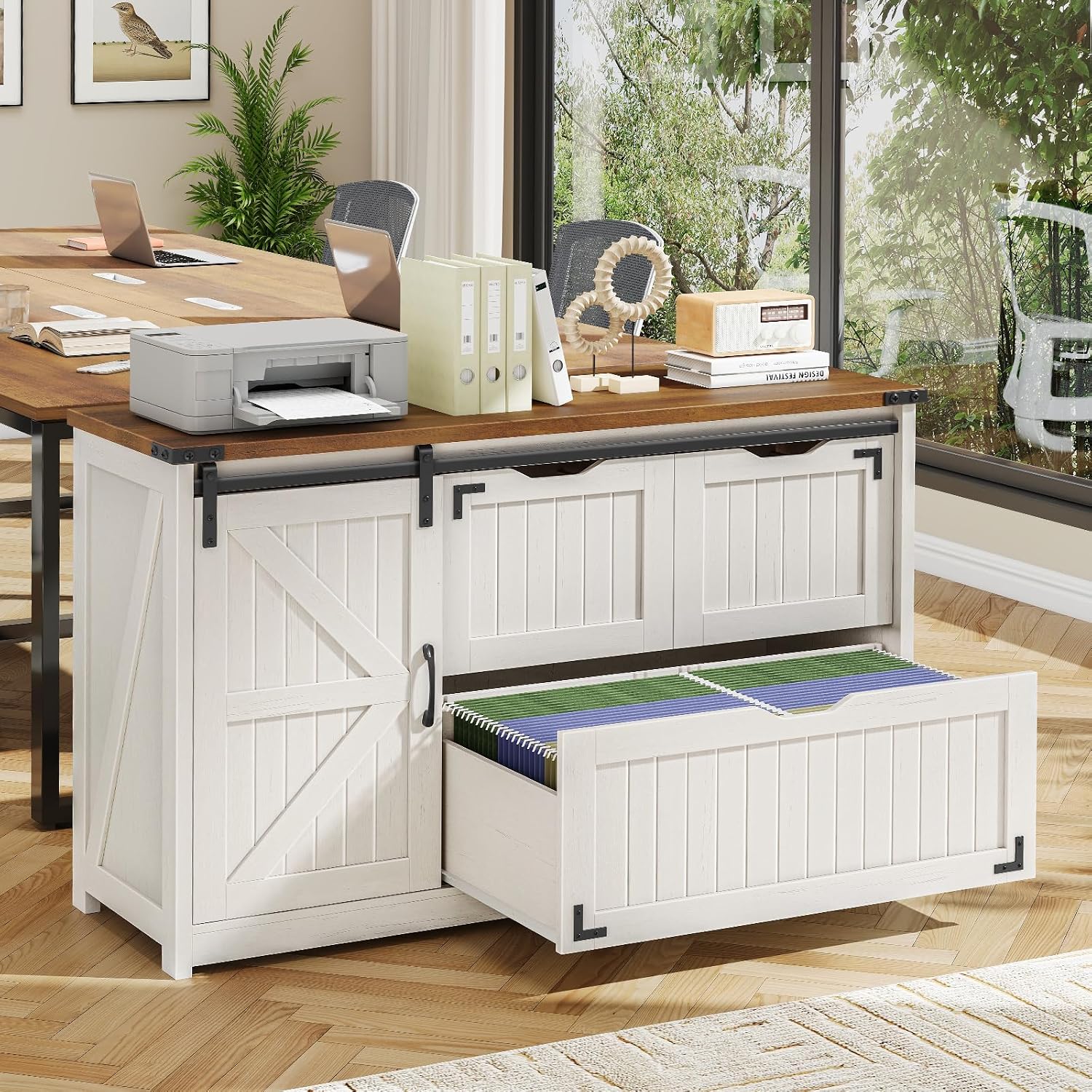 File Cabinet Lateral - オフホワイト 47.8 インチ ファームハウス横型ファイリングキャビネット、スライド式納屋ドア付き、3 引き出しオフィス収納プリンタースタンド、調節可能な棚付き、レター、リーガル、A4、F4 ハンギングファイルに適合