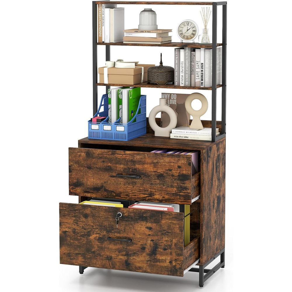 File Cabinet Lateral - インダストリアルスタイルの横型ファイルキャビネット、オープン棚と転倒防止機能付き、ラスティックブラウンのプリンタースタンド