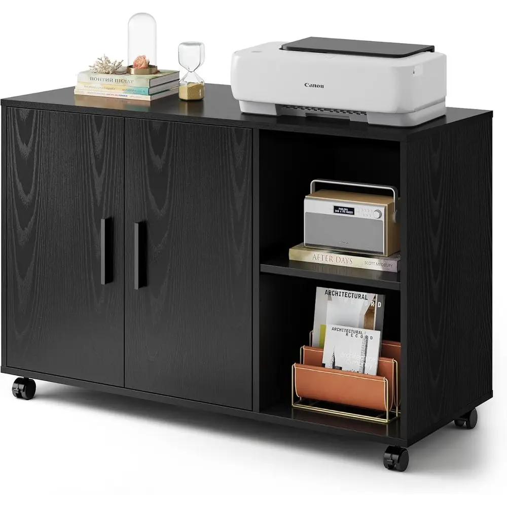 File Cabinet Lateral - 黒色のオフィス収納キャビネット（扉と棚付き）、横置きプリンタースタンド、家庭用または業務用ファイル収納