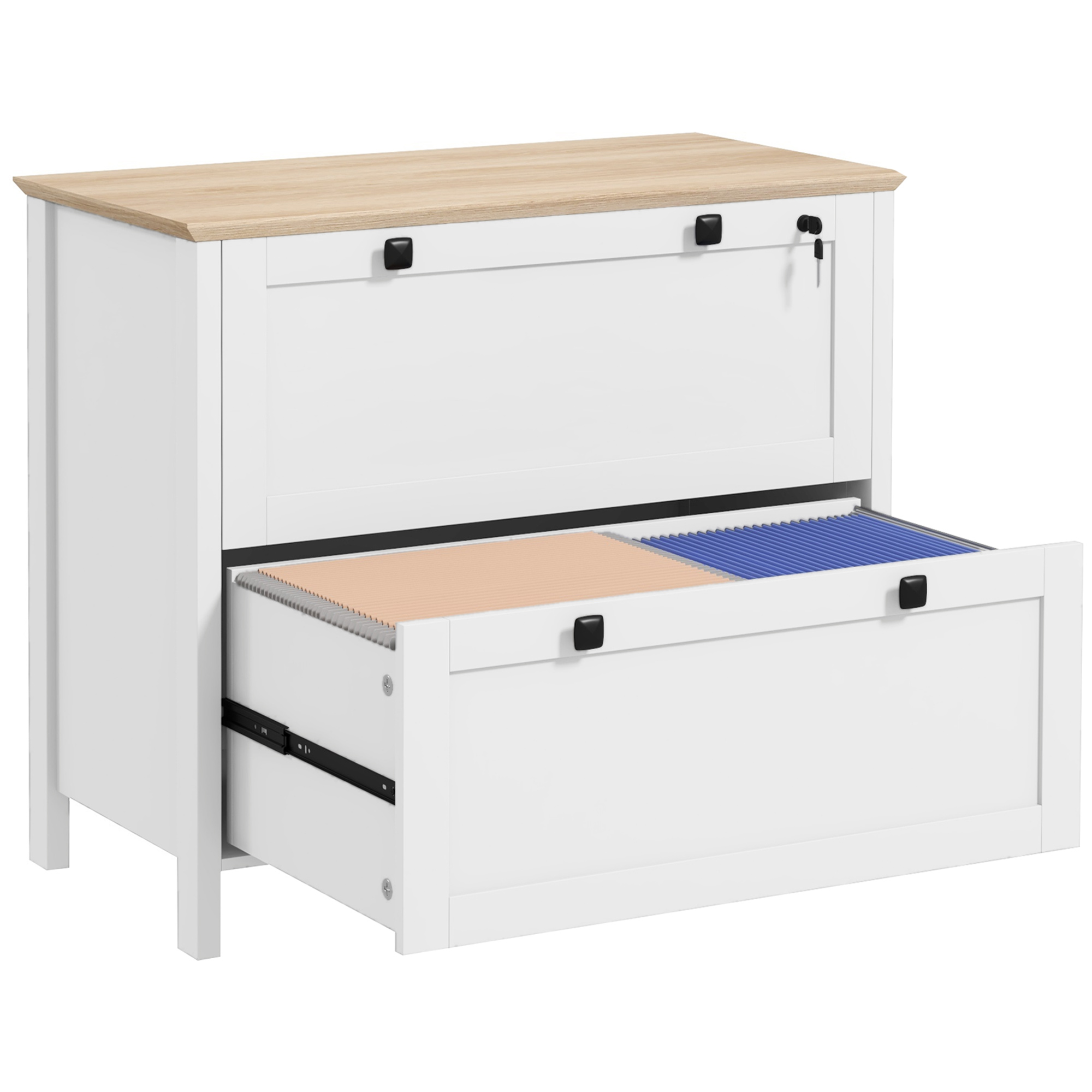 File Cabinet Lateral - 2段引き出しファイルキャビネット（ロック付き）、鍵付き横型ファイリングキャビネット、レター、A4、リーガルサイズ対応の調整可能なハンギングバー付き、ホームオフィス用、ホワイト