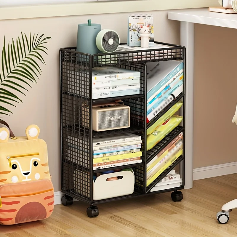 Book Cart Rolling - ローリングブックカート - 金属製モバイル本棚、デスクオーガナイザー＆コーナーディスプレイシェルフ、省スペースローリングカート（家庭、図書館用）