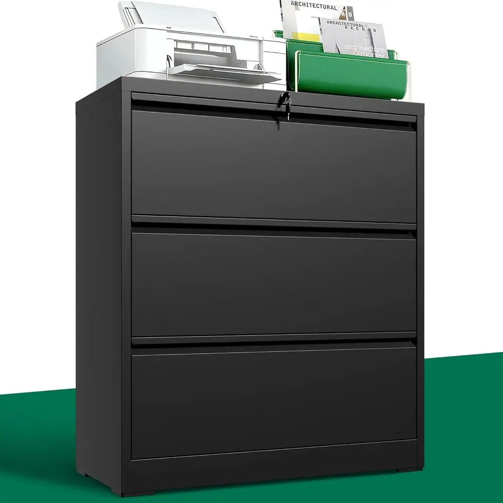 File Cabinet Lateral - 金属製の横型ファイルキャビネット、ホームオフィス収納、プリンタースタンド、リーガル/A4/レターサイズ対応のワイドファイル収納、ブラック