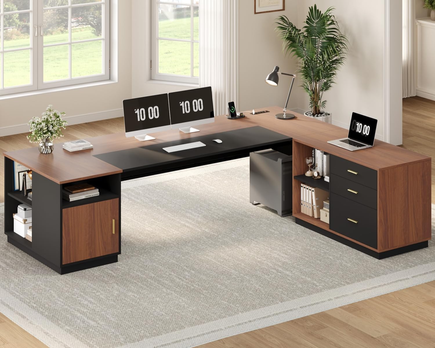 File Cabinet Lateral - 長さ78.7インチのL字型エグゼクティブデスク、横型ファイルキャビネット付き、引き出しと電源コンセント付きの特大オフィスデスク、モダンなコーナーデスク