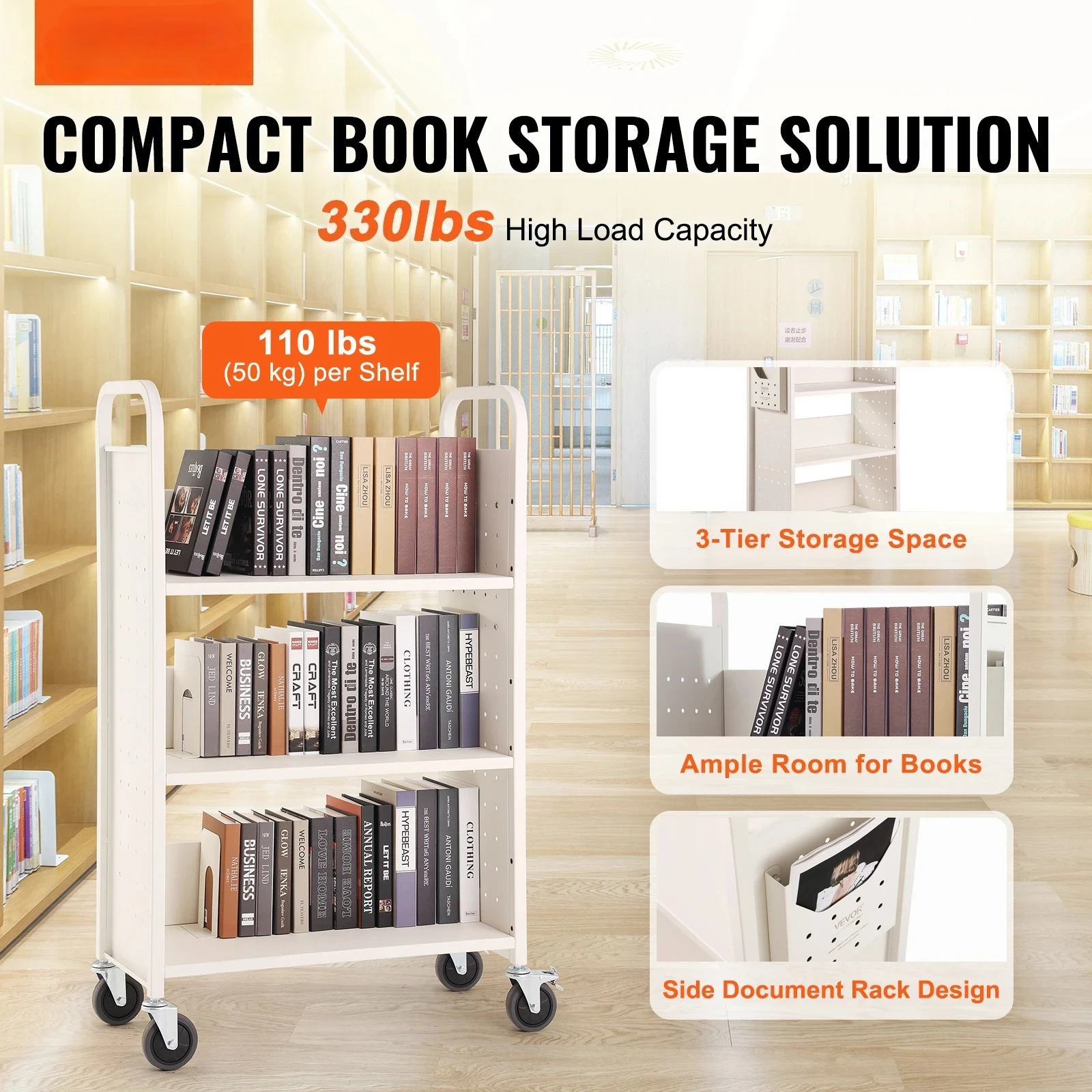 330ポンドの図書館用ブックカート、L字型フラットシェルフ、 - Book Cart Rolling のレビューと価格