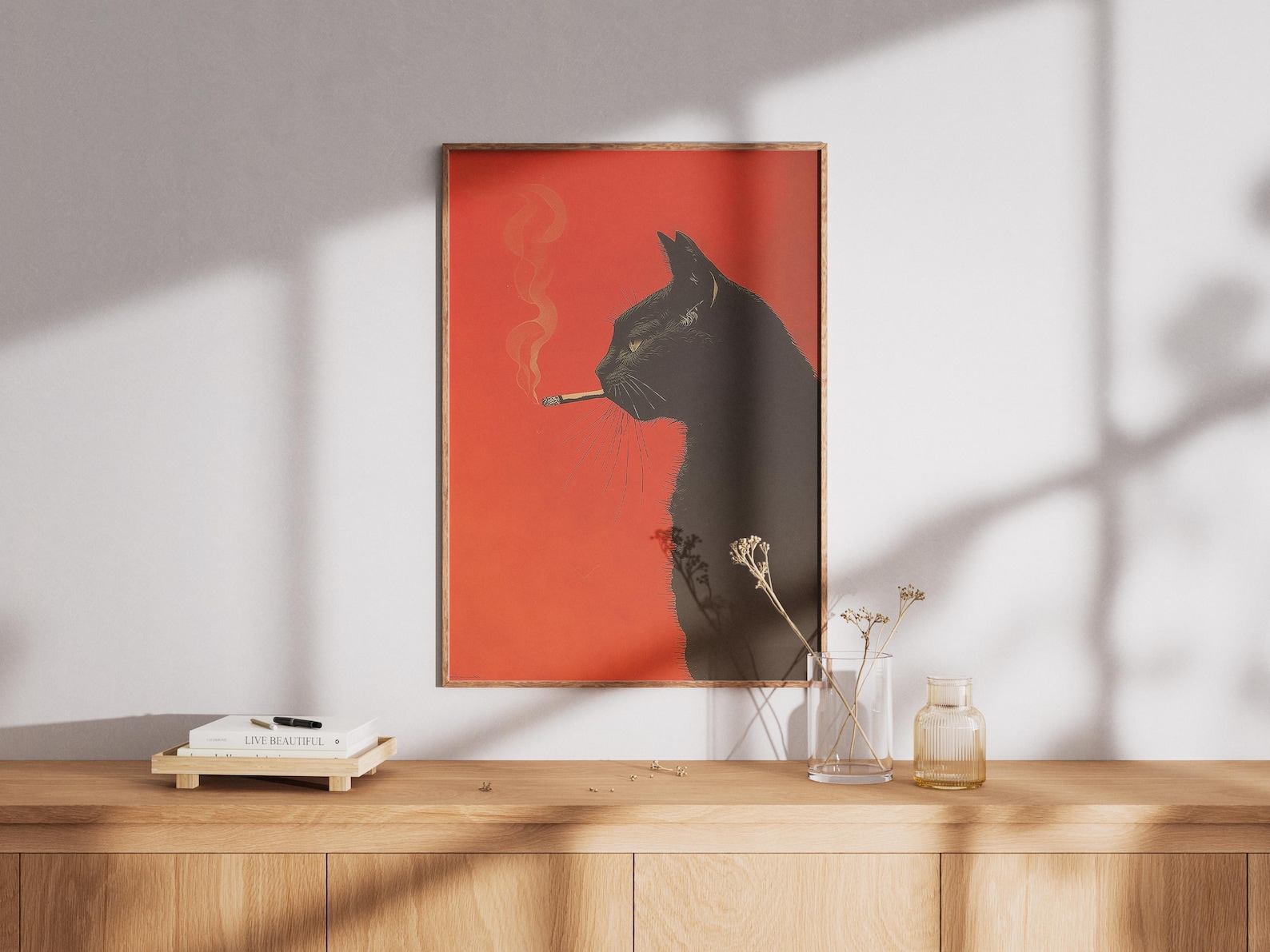 ヴィンテージ黒猫喫煙キャンバスプリントフレームレスレトロレッ - Office Furniture Home のレビューと価格