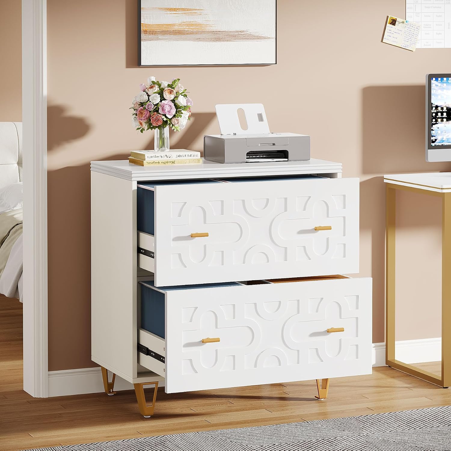2段引き出し横型ファイルキャビネット、ウォームホワイトとゴー - File Cabinet Lateral のレビューと価格