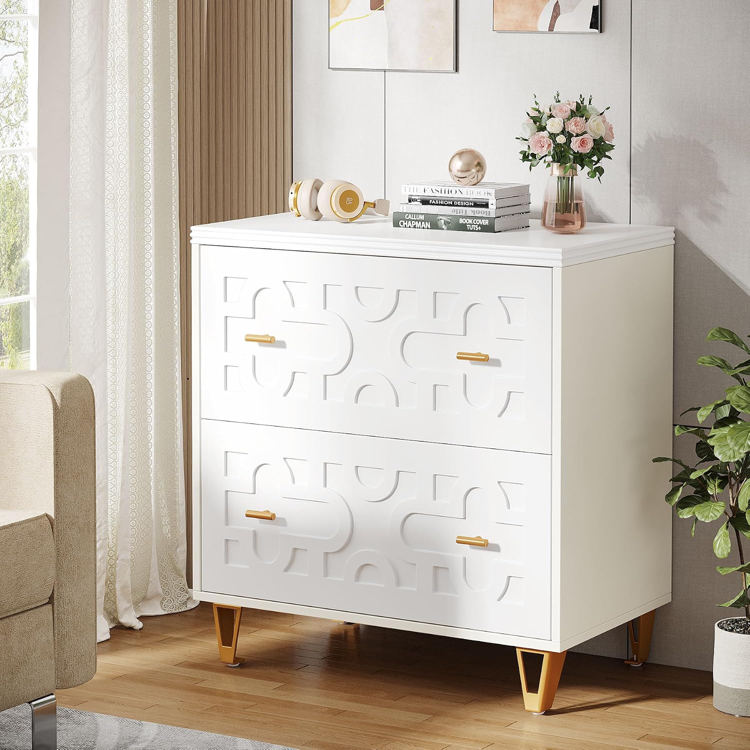 2段引き出し横型ファイルキャビネット、ウォームホワイトとゴー - File Cabinet Lateral のレビューと価格