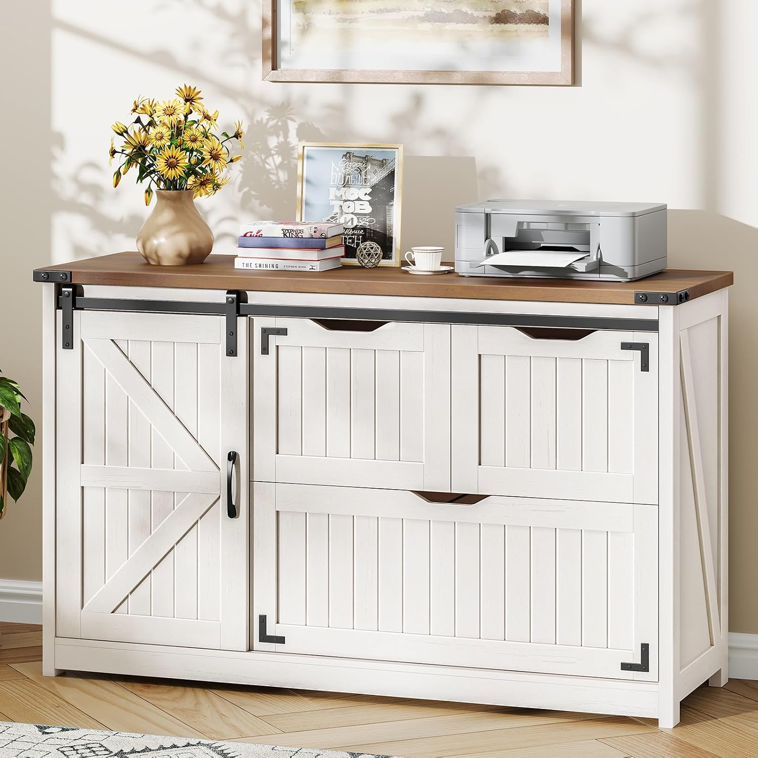 オフホワイト 47.8 インチ ファームハウス横型ファイリン - File Cabinet Lateral のレビューと価格